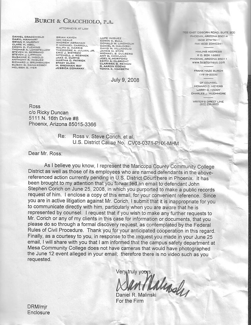  Letter from Danial Malinski to Ross for Steve Corich 