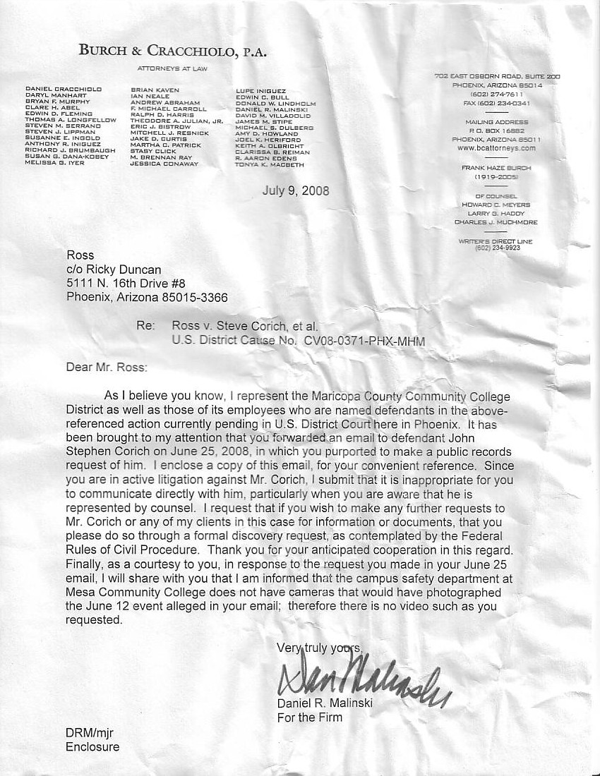 Letter from Danial Malinski to Ross for Steve Corich